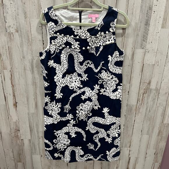 Lilly Pulitzer Florida Shift Button Neck Dress Women 4 True Navy Tail Lights - Picture 1 of 8